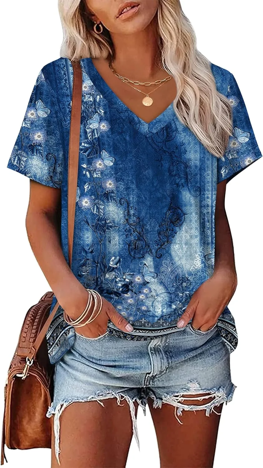 Alaroo Womens Summer Tops 2025 V Neck Short Sleeve Shirts Trendy Dressy Casual Vacation Outfits Printed