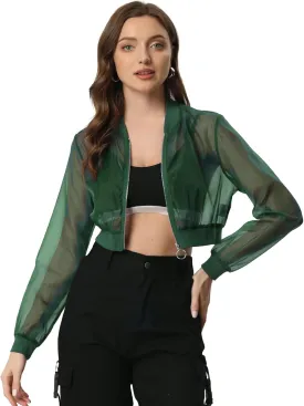Allegra K Bomber Crop Jacket for Women's Sheer Mesh Lightweight Long Sleeve Jackets