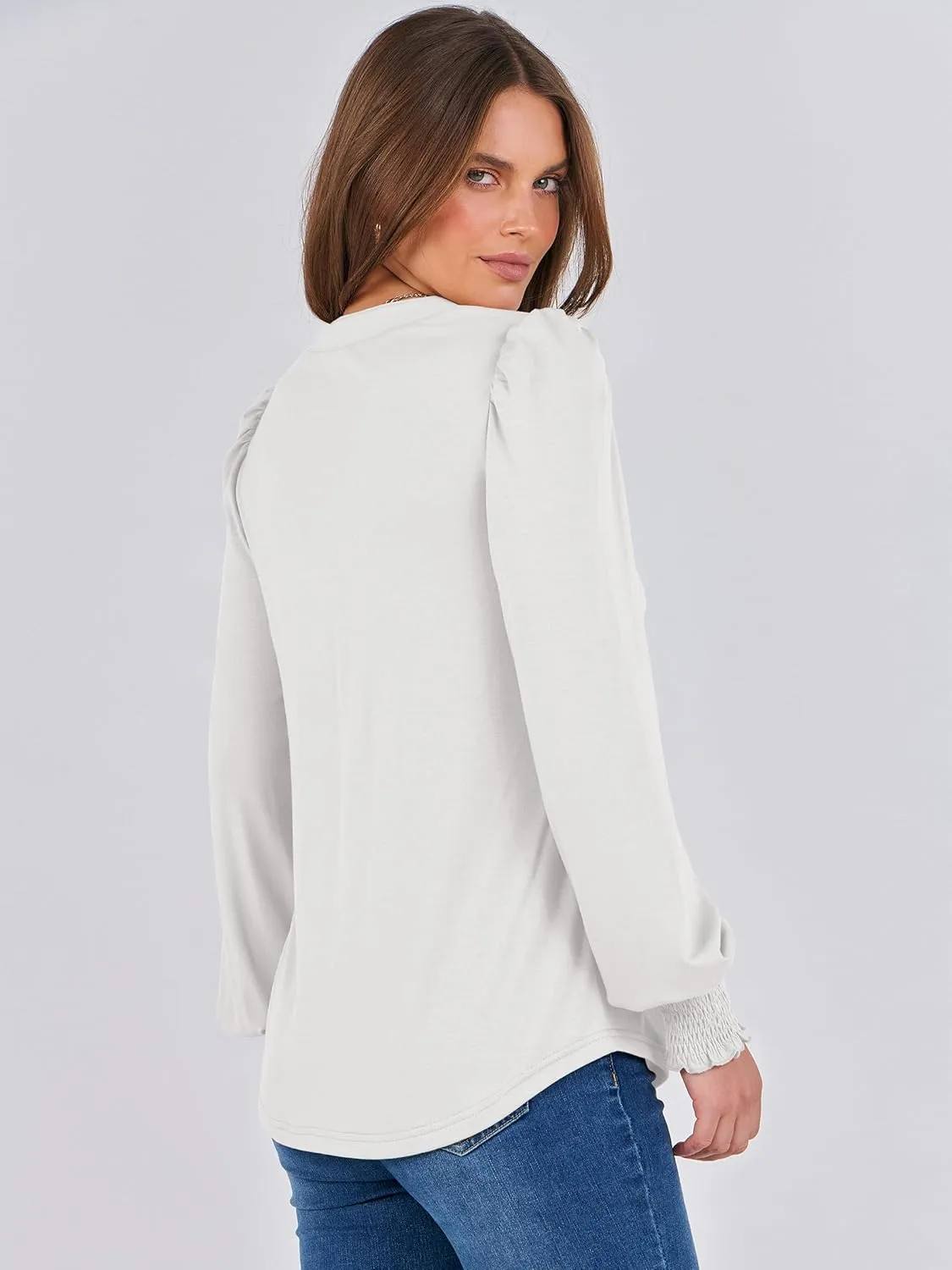 ANRABESS Women's Puff Long Sleeve Shirts V Neck Loose T-Shirts Dressy Casual Work Blouses 2024 Fall Tops Trendy Clothes