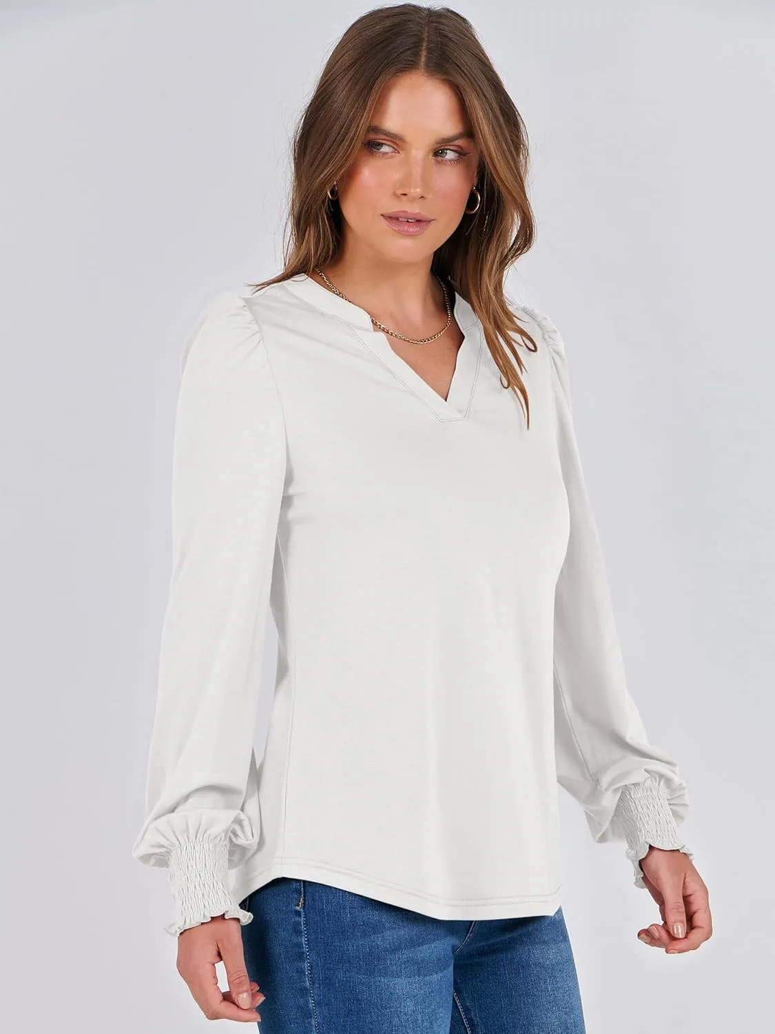 ANRABESS Women's Puff Long Sleeve Shirts V Neck Loose T-Shirts Dressy Casual Work Blouses 2024 Fall Tops Trendy Clothes