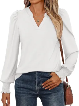 ANRABESS Women's Puff Long Sleeve Shirts V Neck Loose T-Shirts Dressy Casual Work Blouses 2024 Fall Tops Trendy Clothes