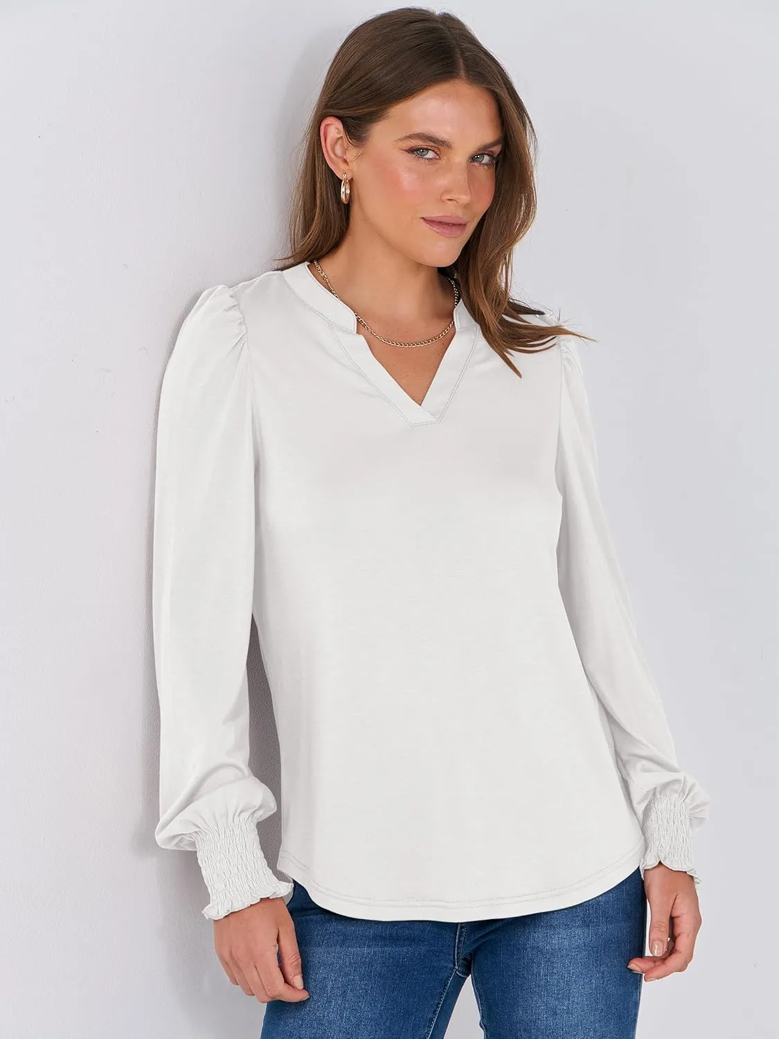 ANRABESS Women's Puff Long Sleeve Shirts V Neck Loose T-Shirts Dressy Casual Work Blouses 2024 Fall Tops Trendy Clothes