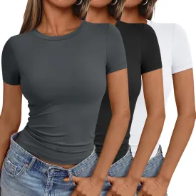 AUTOMET Womens 3 Piece Short Sleeve Shirts Basic Going Out Slim Fitted Crop Tops 2025 Summer Y2k Clothes