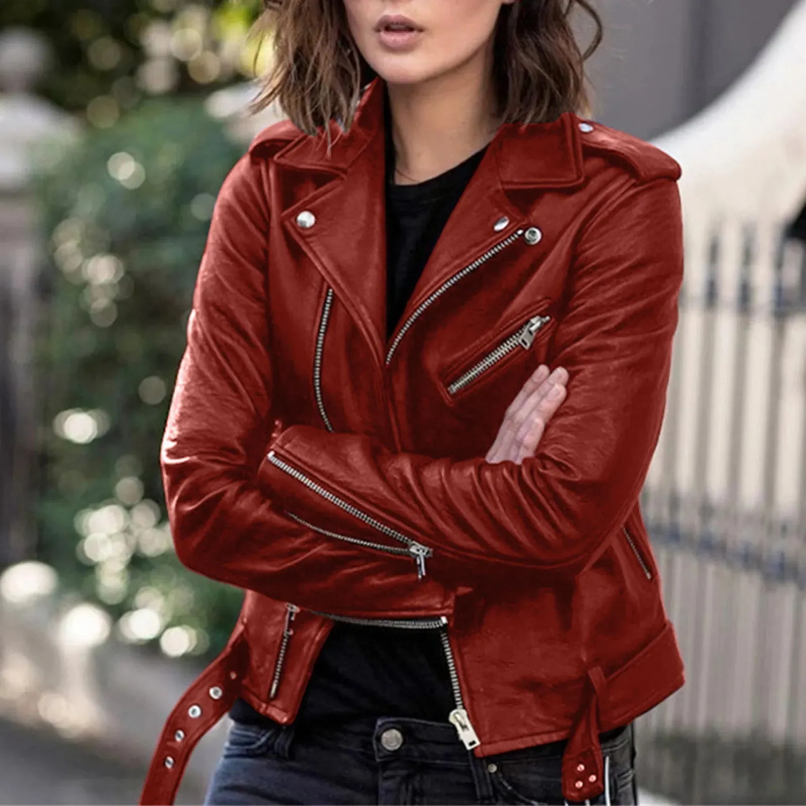 Faux Leather Long Sleeve Zipper Plus Size Fall Winter Jacket
