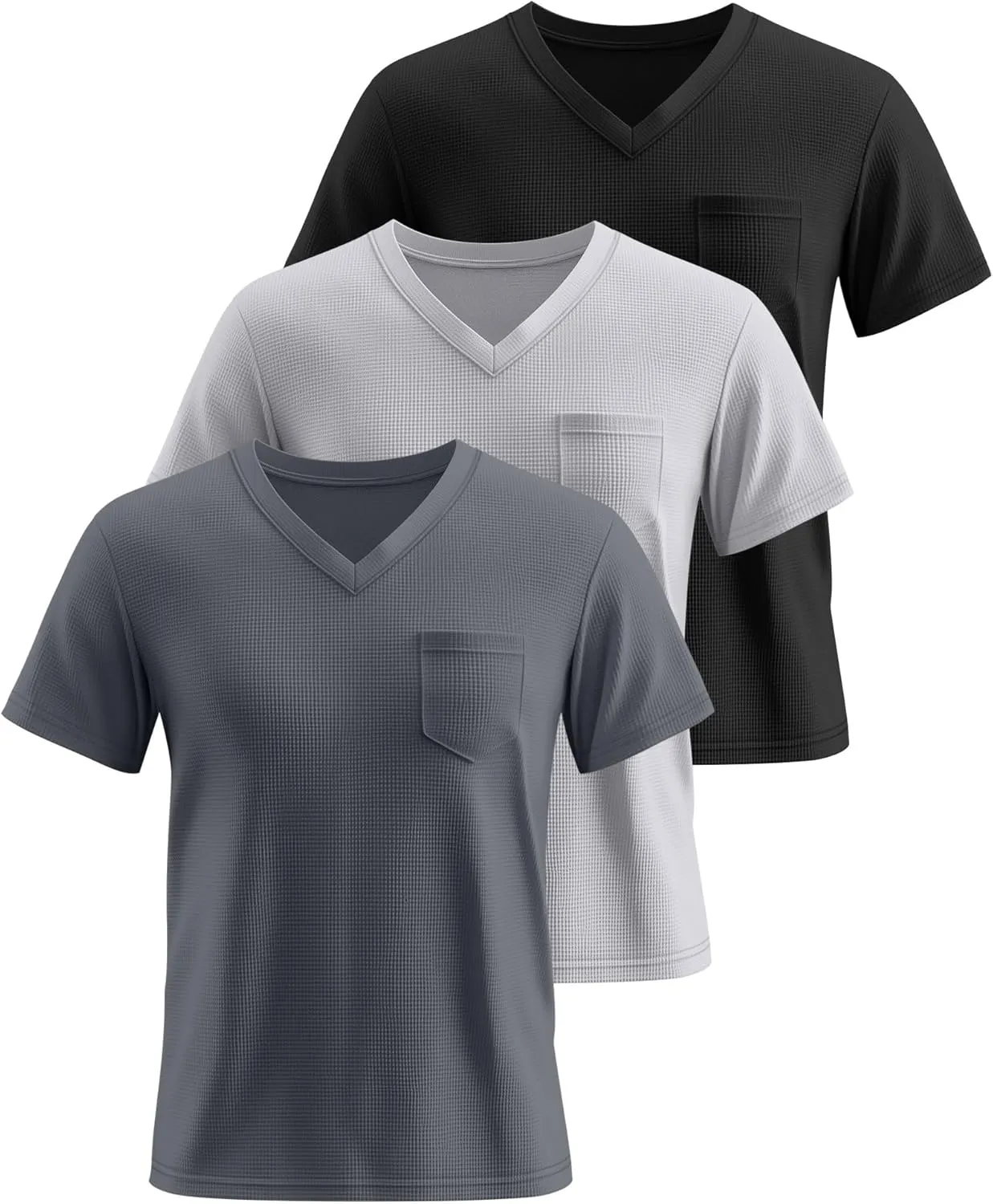 Huukeay 3 Pack Men's Waffle Shirts V Neck Tee with Pocket Short Sleeve Textured Knitted Summer Casual Basic Tops
