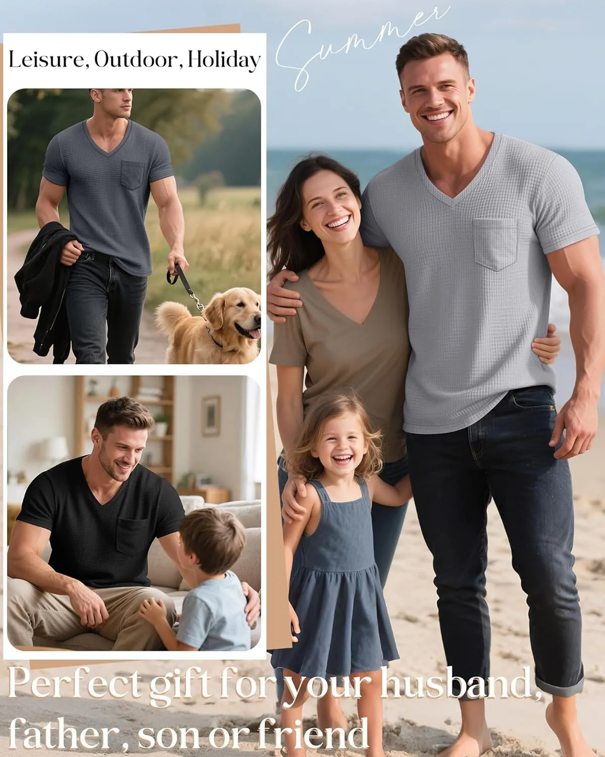 Huukeay 3 Pack Men's Waffle Shirts V Neck Tee with Pocket Short Sleeve Textured Knitted Summer Casual Basic Tops