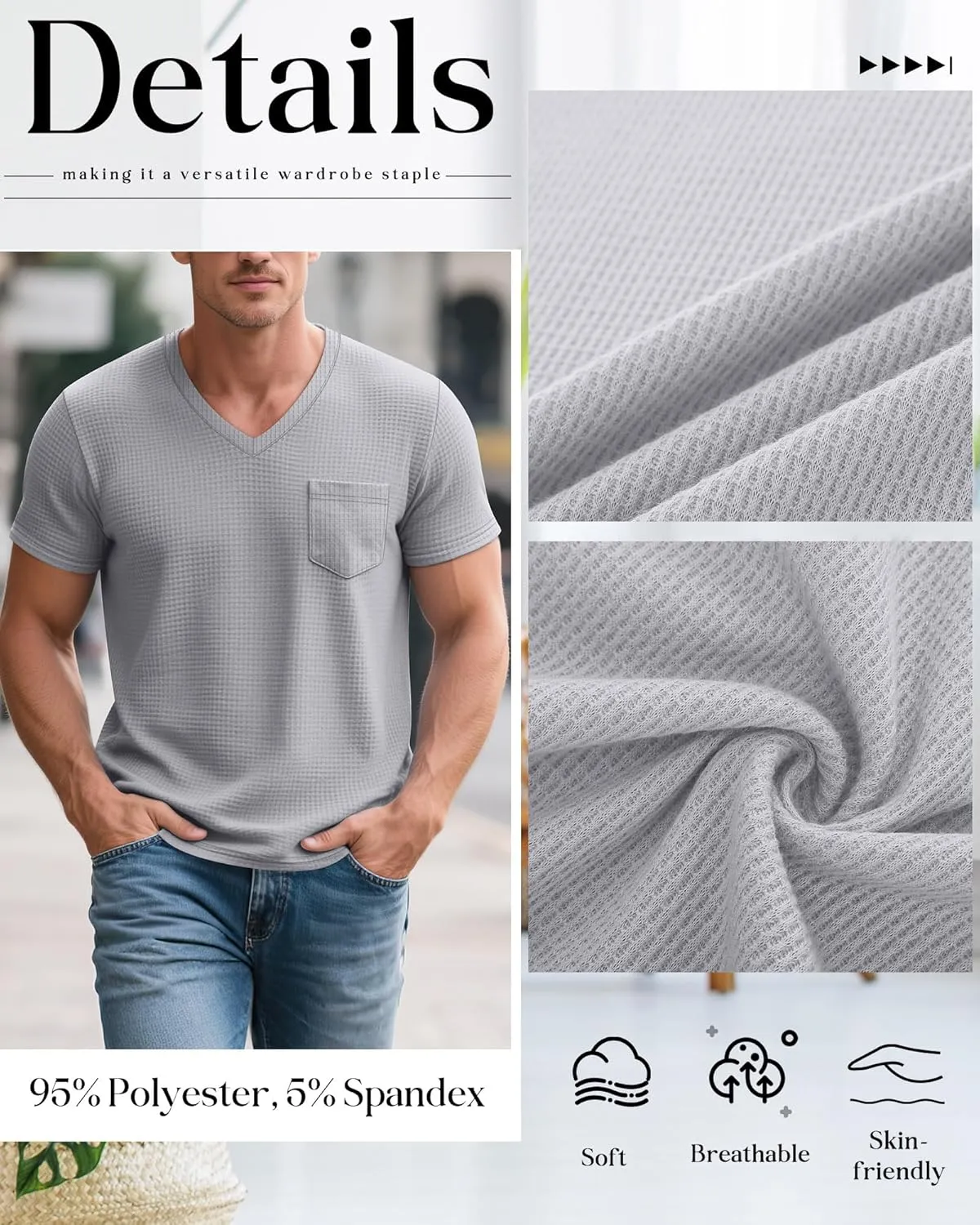 Huukeay 3 Pack Men's Waffle Shirts V Neck Tee with Pocket Short Sleeve Textured Knitted Summer Casual Basic Tops