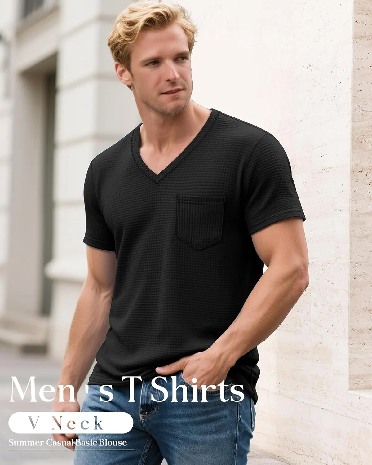 Huukeay 3 Pack Men's Waffle Shirts V Neck Tee with Pocket Short Sleeve Textured Knitted Summer Casual Basic Tops