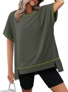 KISSMODA Oversized T Shirts for Women Crew Neck Short Sleeve Casual Summer Tops Loose High Low Blouse