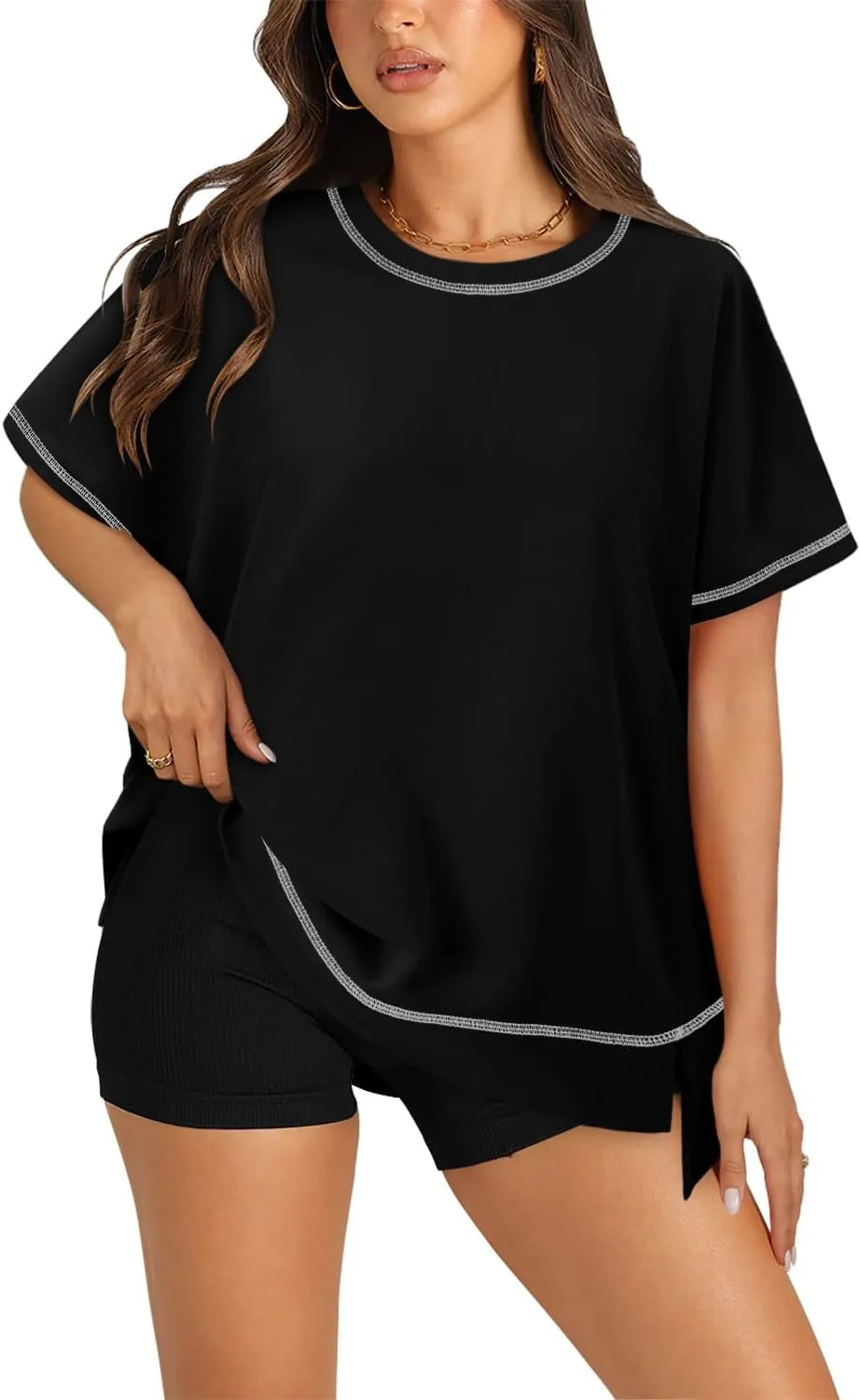KISSMODA Oversized T Shirts for Women Crew Neck Short Sleeve Casual Summer Tops Loose High Low Blouse