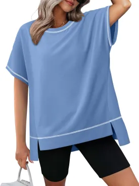 KISSMODA Oversized T Shirts for Women Crew Neck Short Sleeve Casual Summer Tops Loose High Low Blouse