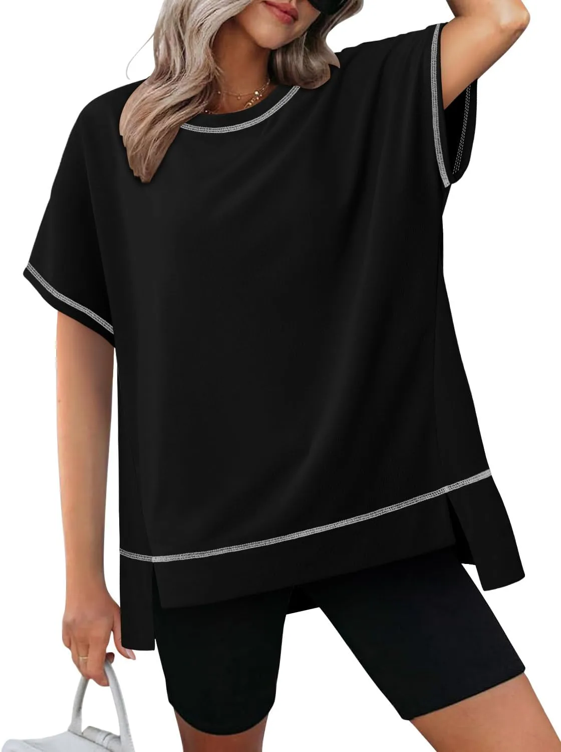 KISSMODA Oversized T Shirts for Women Crew Neck Short Sleeve Casual Summer Tops Loose High Low Blouse