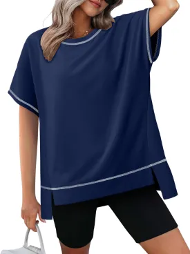 KISSMODA Oversized T Shirts for Women Crew Neck Short Sleeve Casual Summer Tops Loose High Low Blouse
