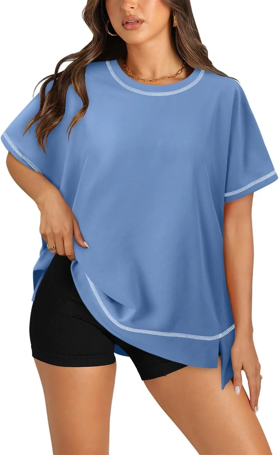 KISSMODA Oversized T Shirts for Women Crew Neck Short Sleeve Casual Summer Tops Loose High Low Blouse
