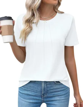 Kistore Womens Casual Crew Neck Short Sleeve Pleated Tops Blouses Fashion Clothes 2025