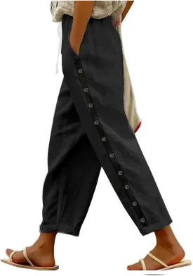 Linen Pants Women Casual Beach Pants Drawstring Side Buttons Ankle Pants with Pockets 2025 Summer Vacation Outfits