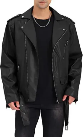 Maiyifu-GJ Mens Faux Leather Biker Jacket Vintage Asymmetric Zip Motorcycle Jackets PU Lightweight Punk Belted Slim Coat