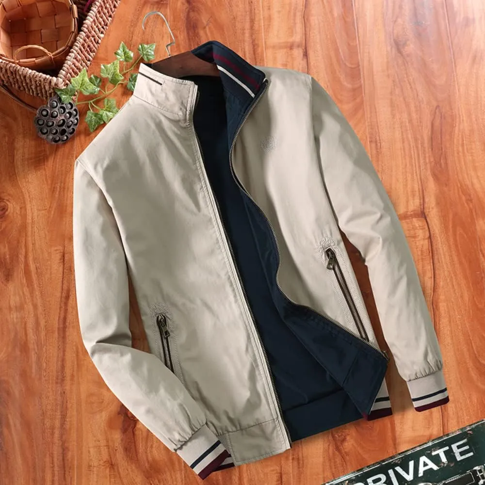 Mens Bomber Jackets Zip Up Lightweight Slim Fit Varsity Stand Collar Cotton Reversible Jacket Windbreaker