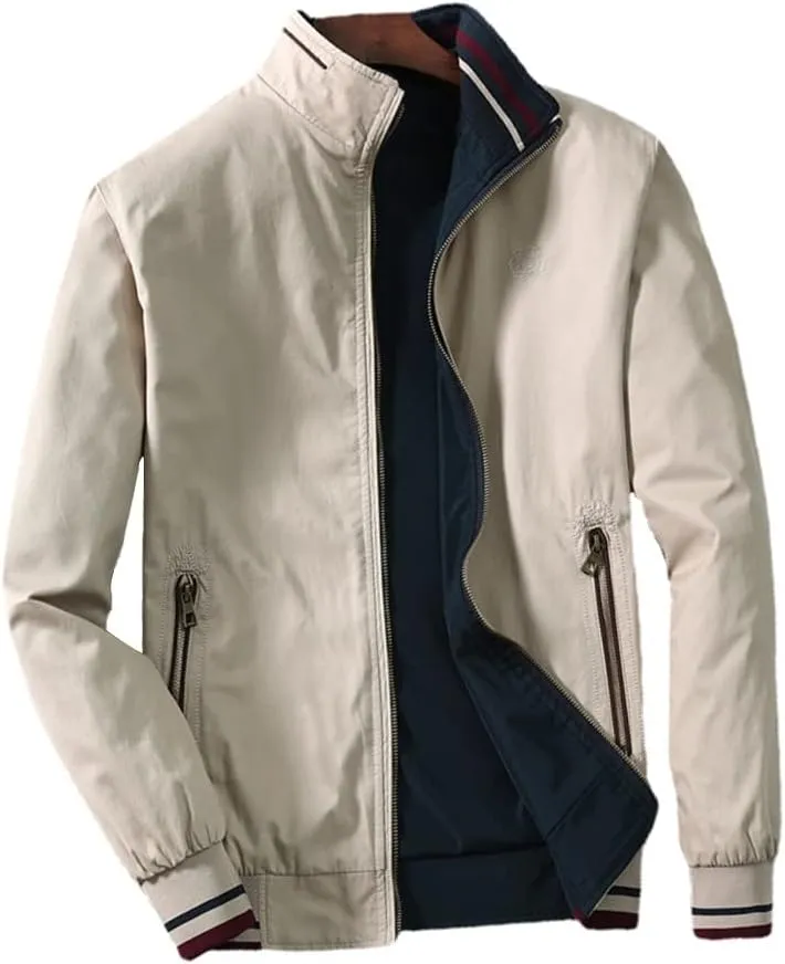 Mens Bomber Jackets Zip Up Lightweight Slim Fit Varsity Stand Collar Cotton Reversible Jacket Windbreaker