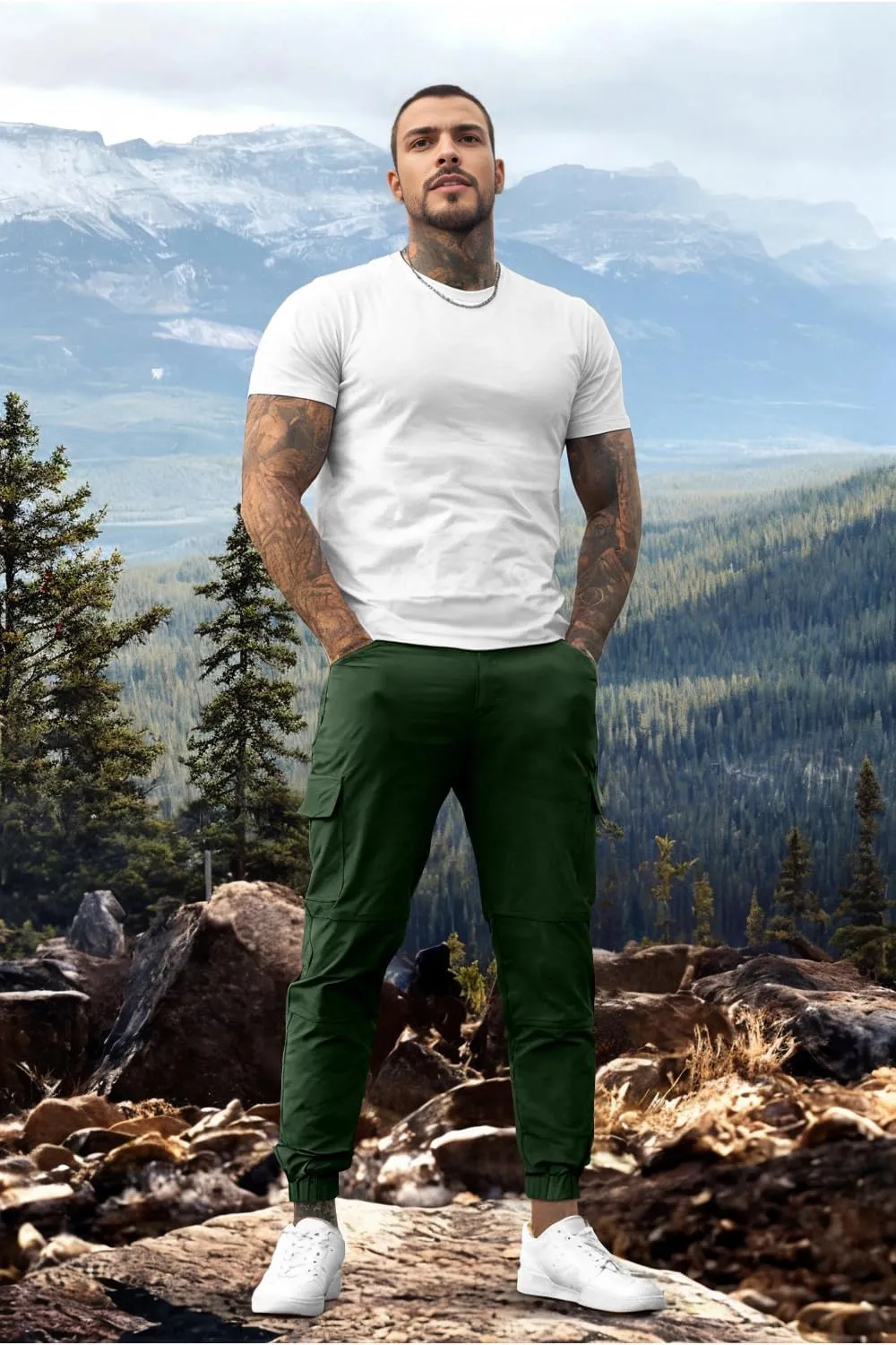 Mens Cargo Joggers Quick Dry Zipper Pockets Slim Fit 4 Way Stretch Elastic Waist Hiking Pants Lightweight