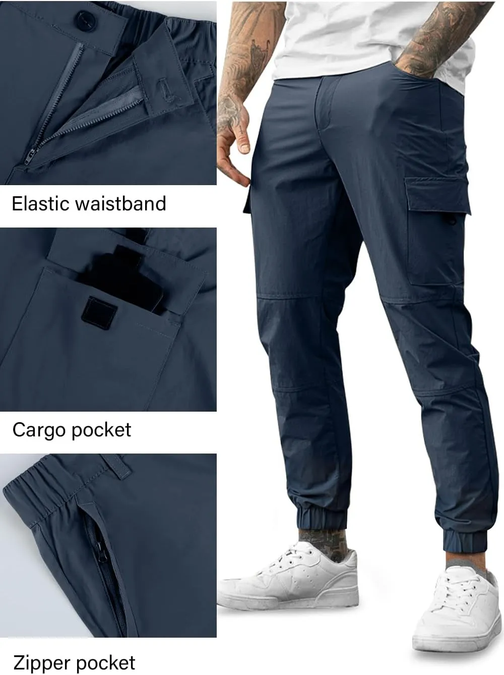 Mens Cargo Joggers Quick Dry Zipper Pockets Slim Fit 4 Way Stretch Elastic Waist Hiking Pants Lightweight