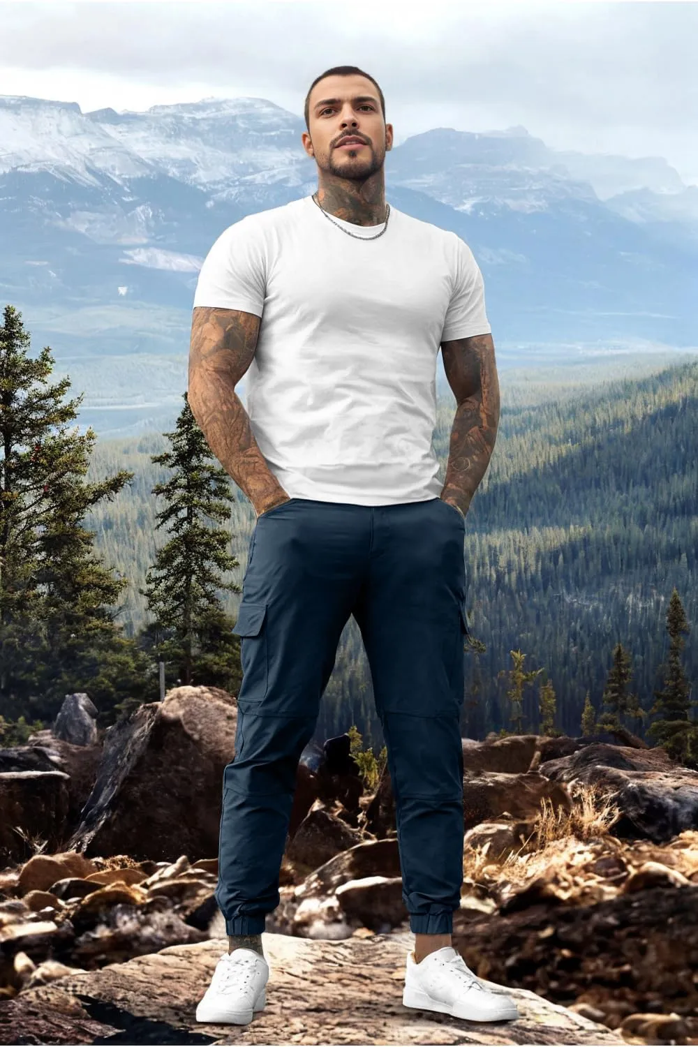 Mens Cargo Joggers Quick Dry Zipper Pockets Slim Fit 4 Way Stretch Elastic Waist Hiking Pants Lightweight