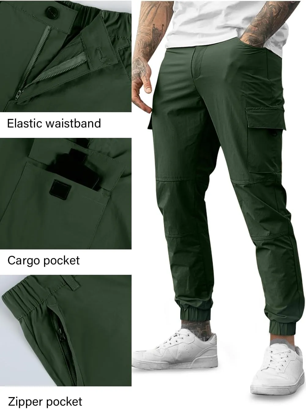 Mens Cargo Joggers Quick Dry Zipper Pockets Slim Fit 4 Way Stretch Elastic Waist Hiking Pants Lightweight