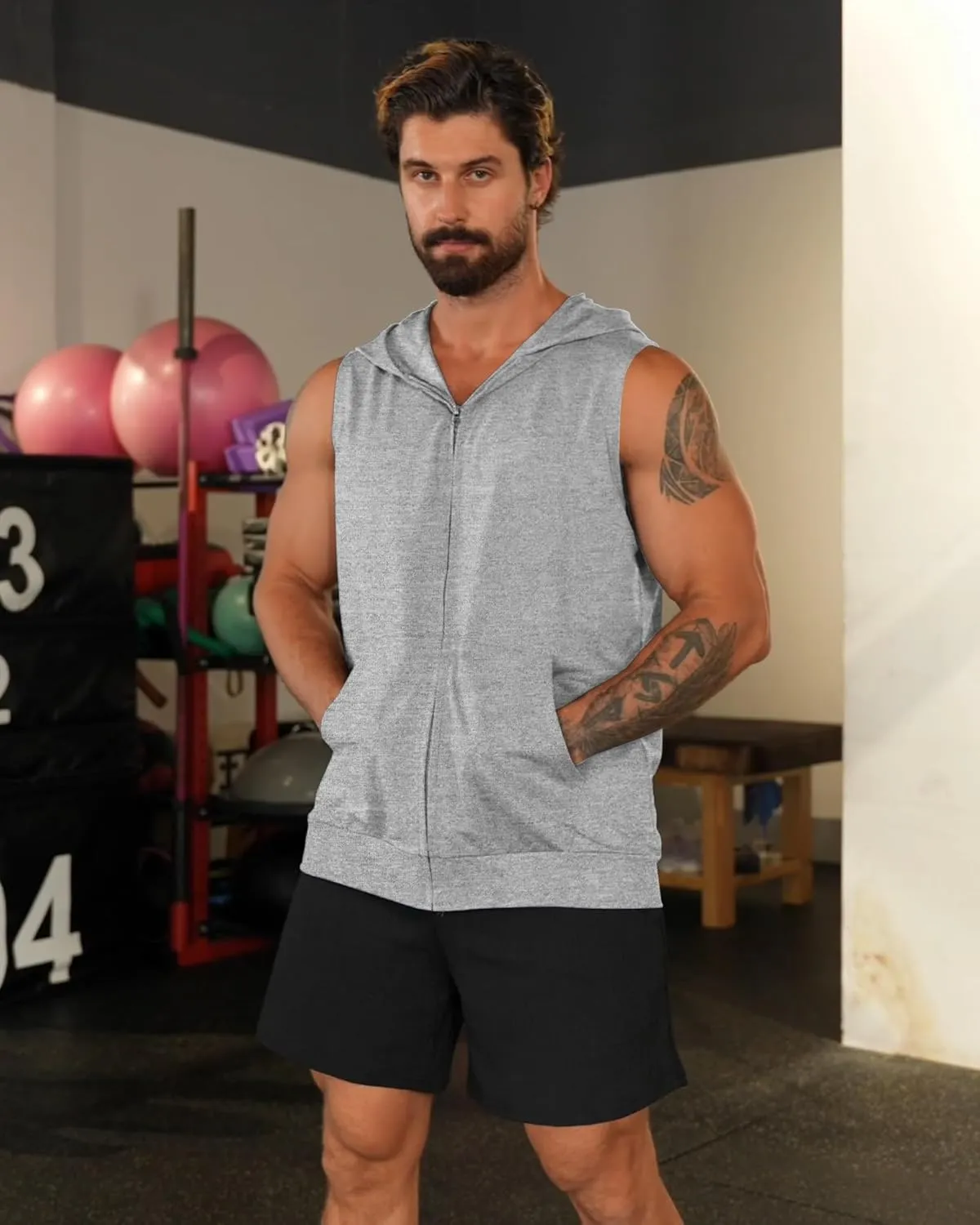 Men's Workout Hooded Tank Tops Zip Up Sleeveless Gym Shirts Bodybuilding Hoodies Muscle Cut Off T Shirt