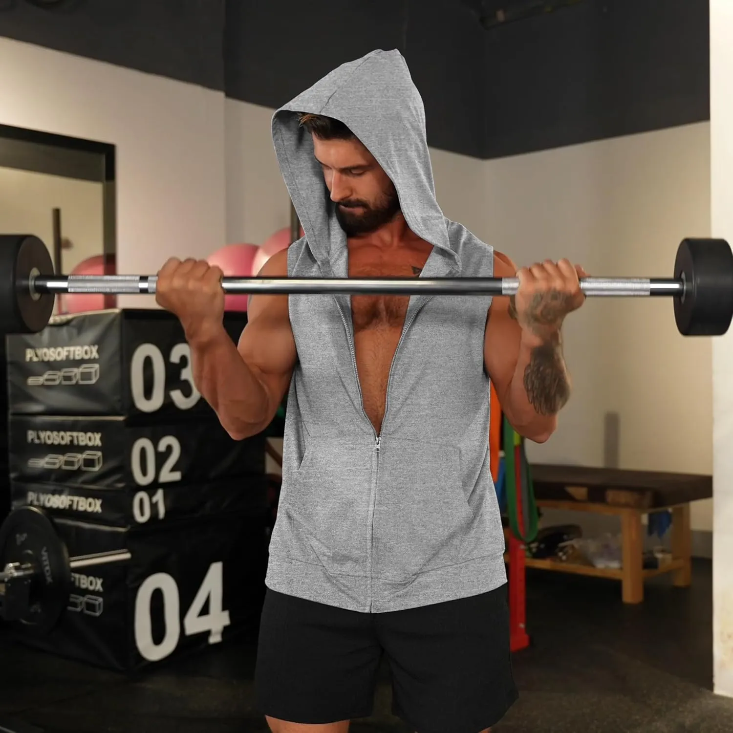 Men's Workout Hooded Tank Tops Zip Up Sleeveless Gym Shirts Bodybuilding Hoodies Muscle Cut Off T Shirt