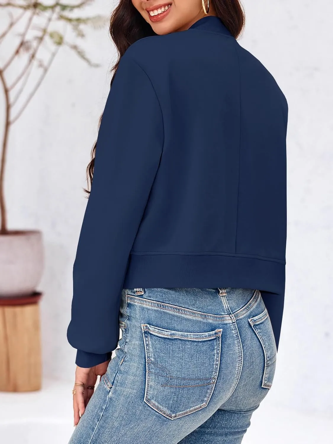 Tankaneo Womens Cropped Bomber Jackets Casual Button Down Long Sleeve Stand Collar Varsity Shacket Coats