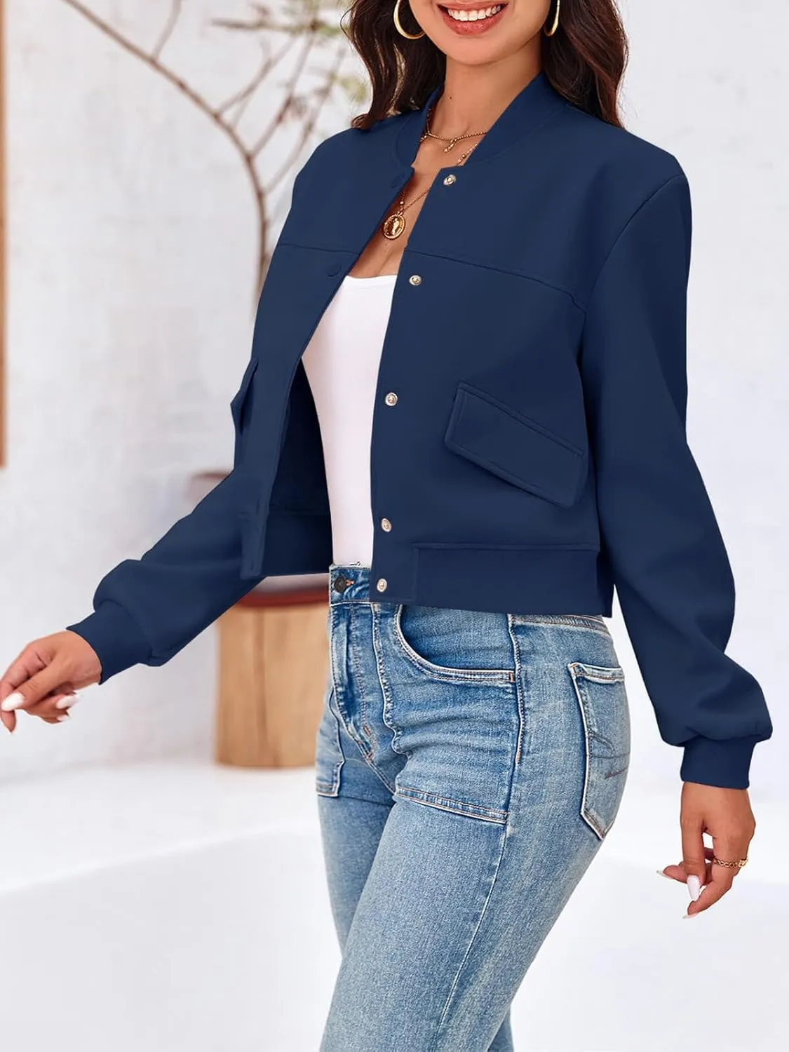 Tankaneo Womens Cropped Bomber Jackets Casual Button Down Long Sleeve Stand Collar Varsity Shacket Coats