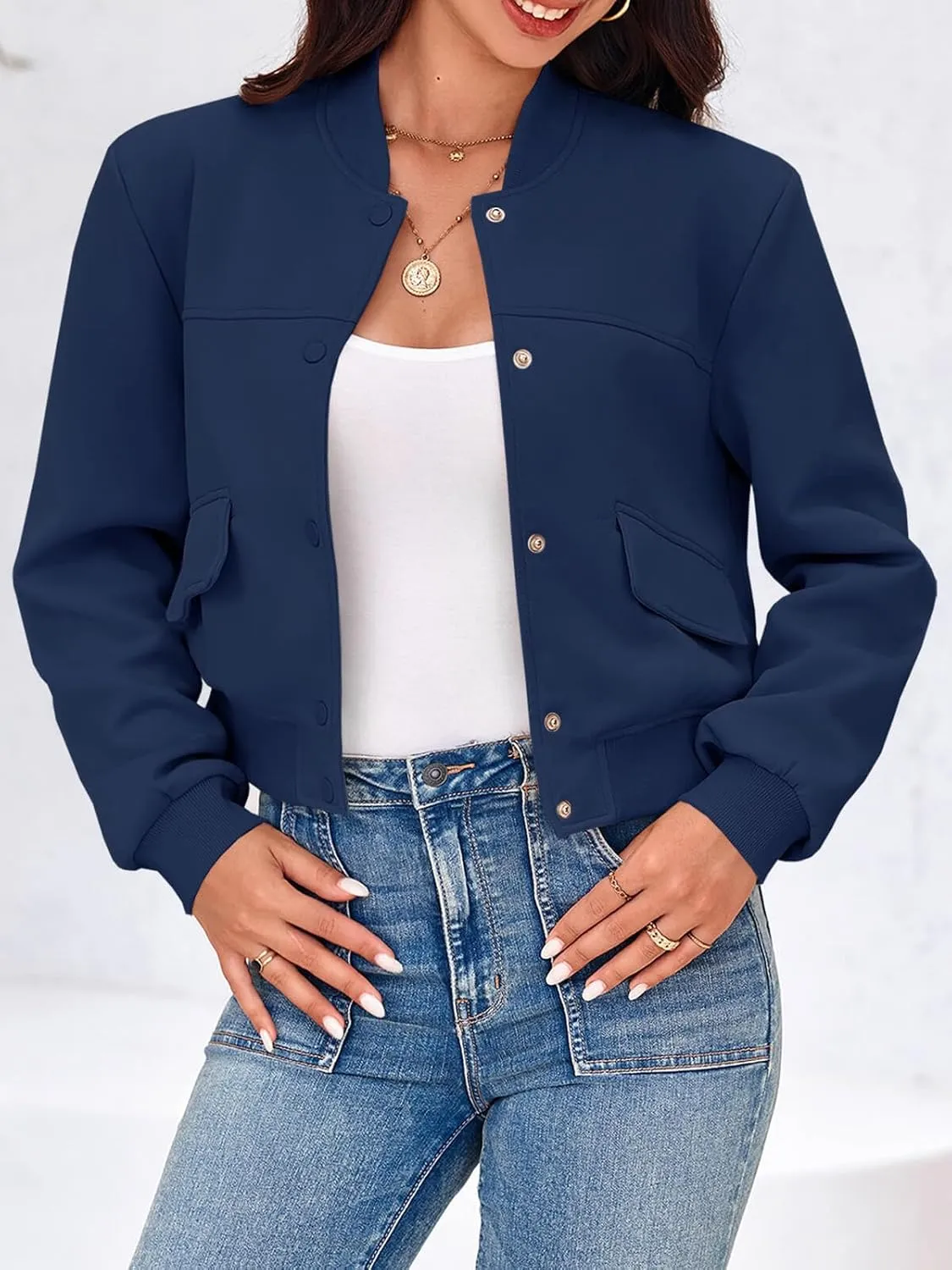 Tankaneo Womens Cropped Bomber Jackets Casual Button Down Long Sleeve Stand Collar Varsity Shacket Coats