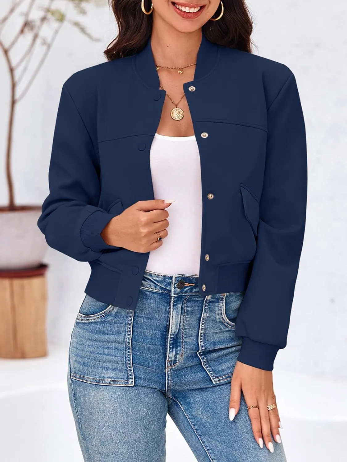 Tankaneo Womens Cropped Bomber Jackets Casual Button Down Long Sleeve Stand Collar Varsity Shacket Coats