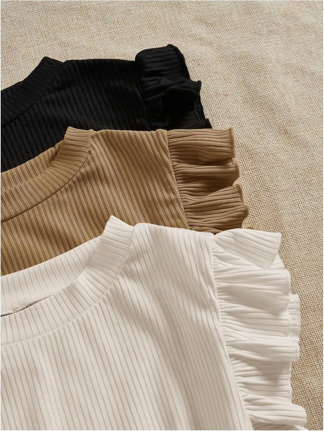 Women's 3 Packs Ruffle Cap Sleeve Tops Ribbed Knit Crew Neck Slim Fit T Shirt Summer Tees