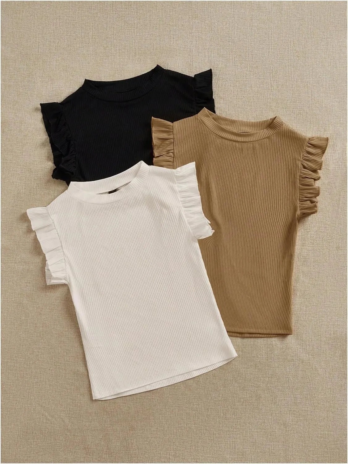 Women's 3 Packs Ruffle Cap Sleeve Tops Ribbed Knit Crew Neck Slim Fit T Shirt Summer Tees