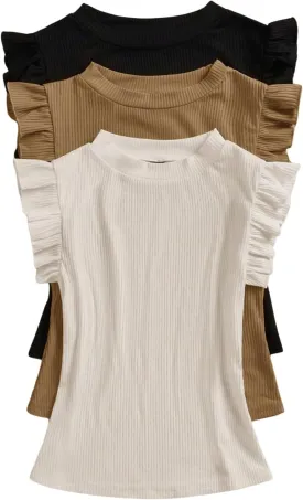 Women's 3 Packs Ruffle Cap Sleeve Tops Ribbed Knit Crew Neck Slim Fit T Shirt Summer Tees