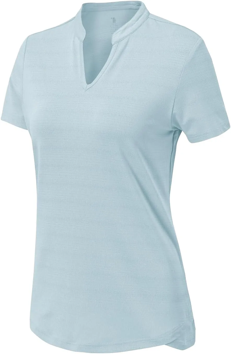 YSENTO Women's Dry Fit Golf Polo Shirts Tops Short Sleeve V Neck Collarless Apparel Shirts Clothes
