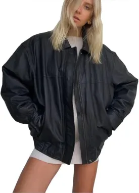 Zaine Enterprises Women Handmade Stylish Oversize Bomber Genuine Leather Casual Wear Oversize Jacket