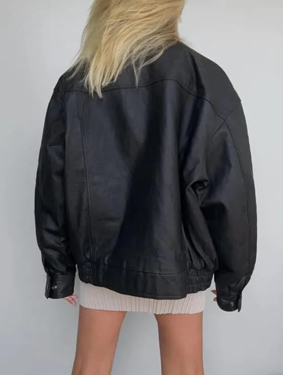 Zaine Enterprises Women Handmade Stylish Oversize Bomber Genuine Leather Casual Wear Oversize Jacket