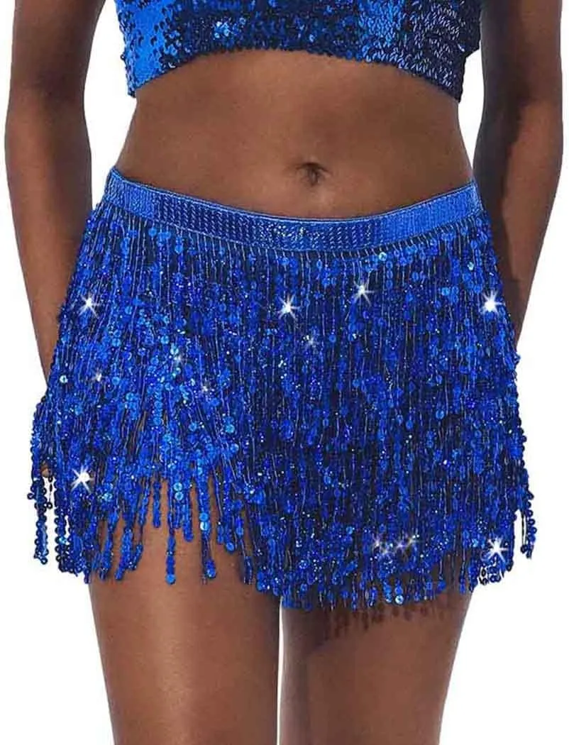 Zoestar Fringe Sequin Belly Dance Skirt Rave Festival Outfits for Women